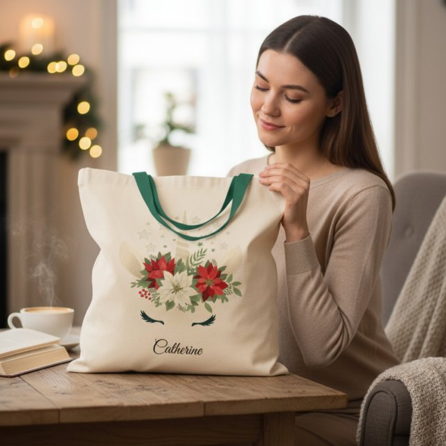 Floral Christmas Unicorn Personalized Name Tote Bag (Creator Uploaded)