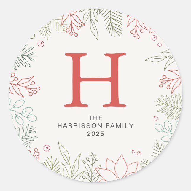 Floral Christmas Wreath Family Monogrammed Name Classic Round Sticker (Front)