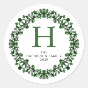 Floral Christmas Wreath Family Monogrammed Name Classic Round Sticker