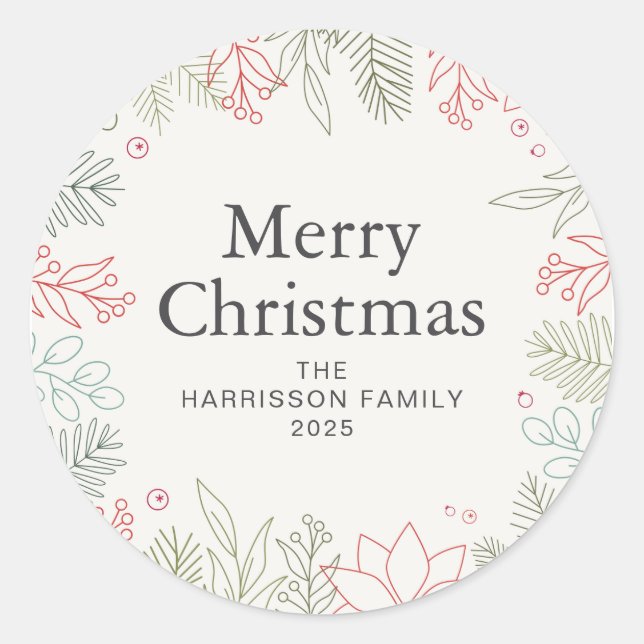 Floral Christmas Wreath Family Name Classic Round Sticker (Front)