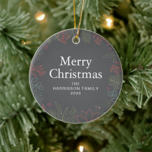 Floral Christmas Wreath Family Photo Ceramic Ornament