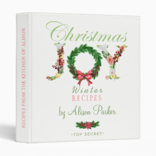 Floral Christmas wreath JOY script recipes book Binder