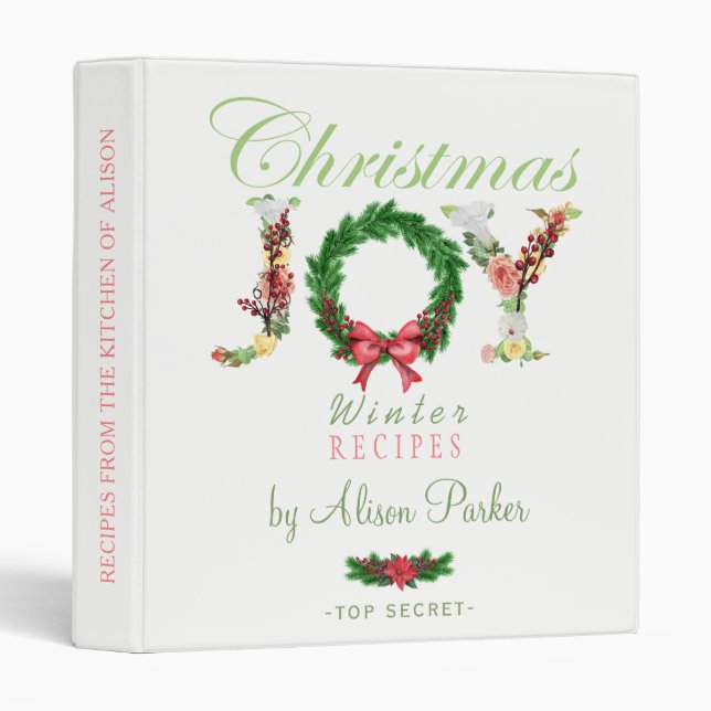 Floral Christmas wreath JOY script recipes book Binder (Front/Spine)