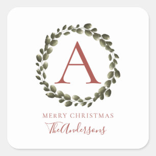 Floral Christmas Wreath Monogrammed Family Name Square Sticker