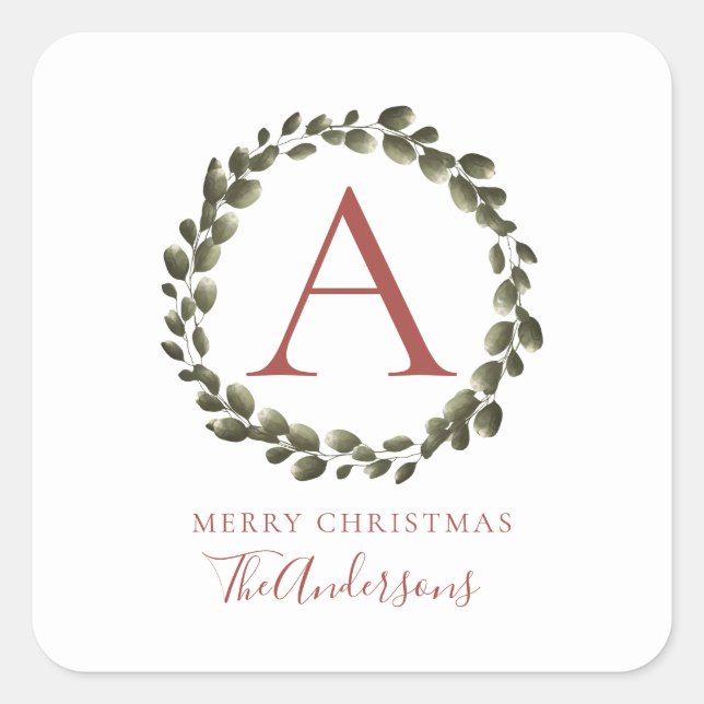 Floral Christmas Wreath Monogrammed Family Name Square Sticker (Front)