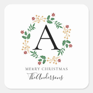Floral Christmas Wreath Monogrammed Family Name Square Sticker