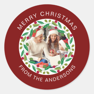 Floral Christmas Wreath Photo Family Name Classic Round Sticker