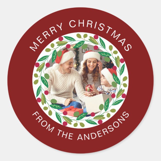 Floral Christmas Wreath Photo Family Name Classic Round Sticker (Front)