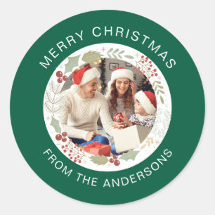 Floral Christmas Wreath Photo Family Name Classic Round Sticker