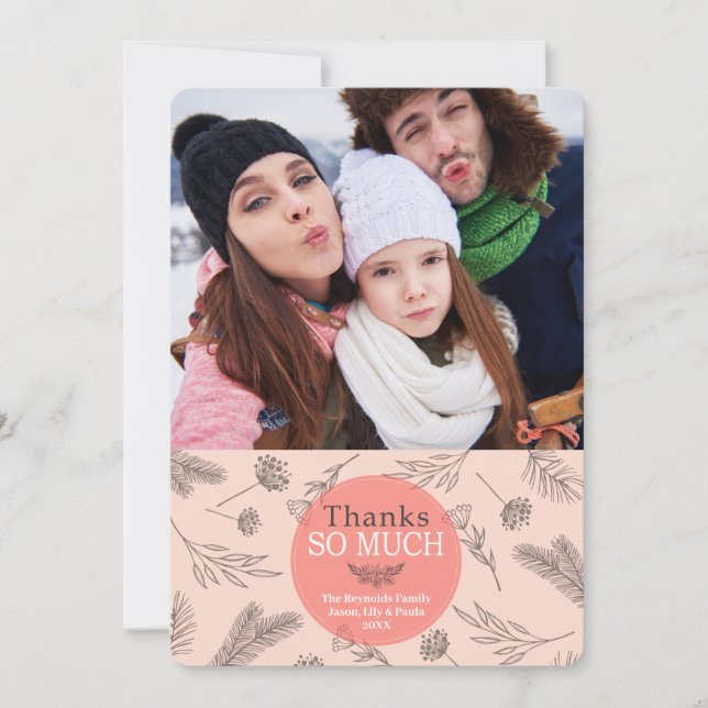 Floral Circle Pink Grey Thank You | Holiday Card (Front)