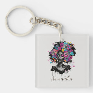 Floral Classy Afro Woman Keychain