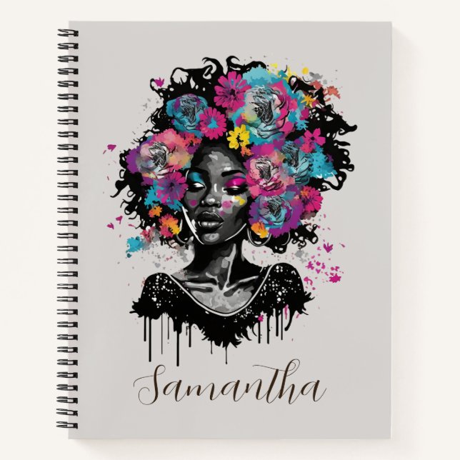 Floral Classy Afro Woman Notebook (Front)