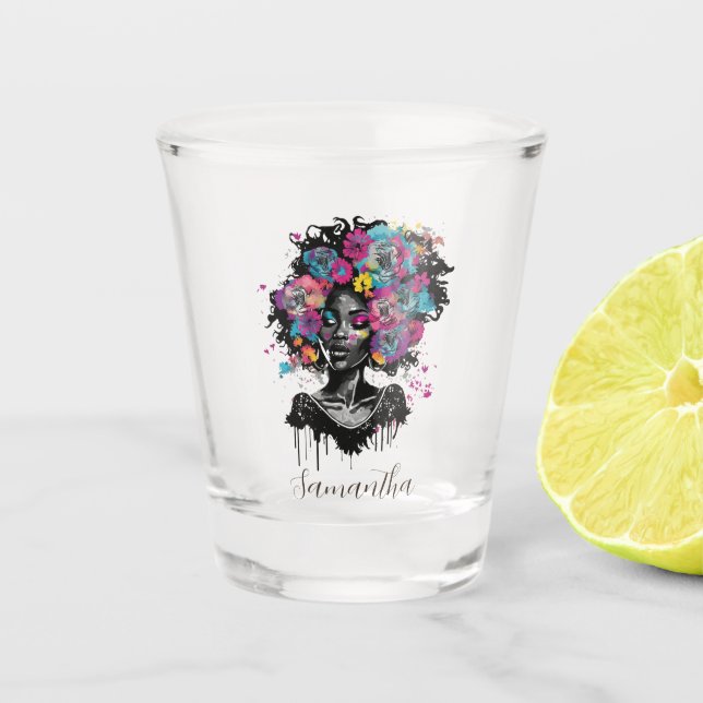 Floral Classy Afro Woman Shot Glass (Front)