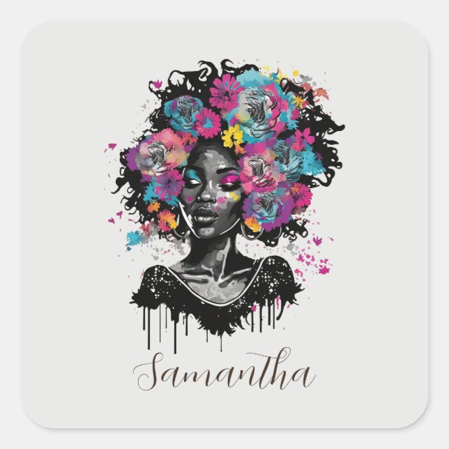Floral Classy Afro Woman Square Sticker (Front)