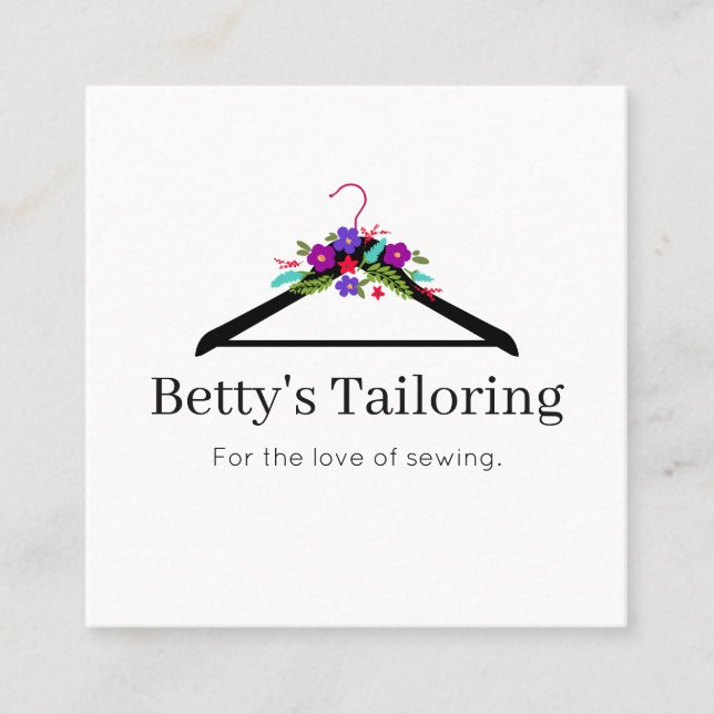 Floral Clothes Hanger Seamstress Tailor Alteration Square Business Card (Front)