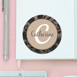 Floral Coffee Cream Elegant Monogrammed Name  Classic Round Sticker