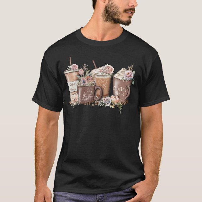 Floral Coffee Cup Iced Latte With Spring Flowers T-Shirt (Front)