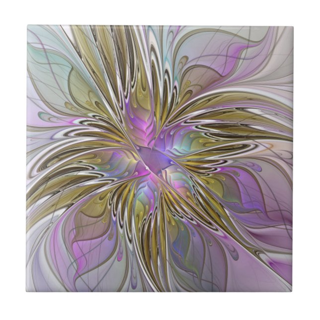 Floral Colorful Abstract Fractal With Pink & Gold Tile (Front)