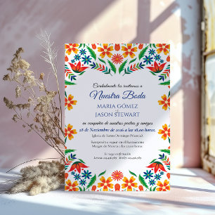 Floral Colorful Botanical Flowers Spanish Wedding Invitation