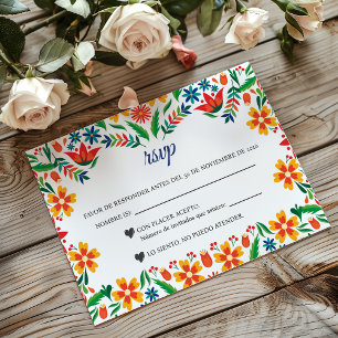 Floral Colorful Botanical Flowers Spanish Wedding RSVP Card