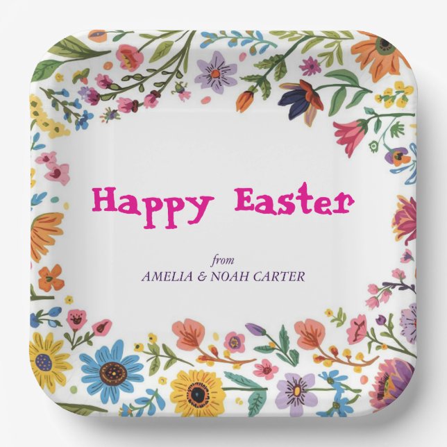 Floral Colorful Easter BRUNCH & HUNT Paper Plate (Front)