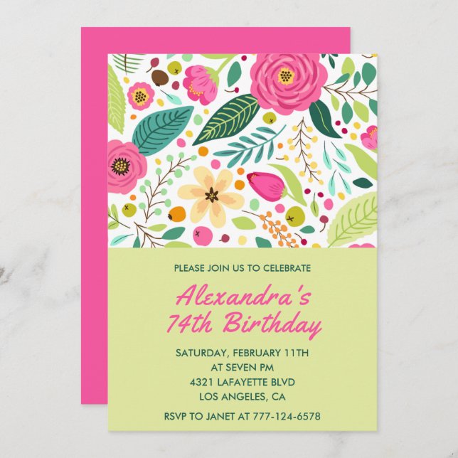 Floral Colorful Simple 74e anniversaire invitation (Devant / Derrière)