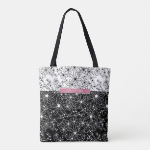 Floral Colour Block Pattern Black White with Name Tote Bag