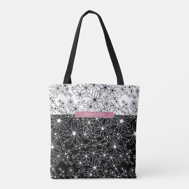 Floral Colour Block Pattern Black White with Name Tote Bag (Back)