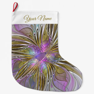 Floral Colourful Abstract Fractal Pink & Gold Name Large Christmas Stocking