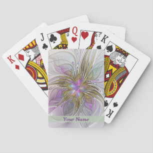 Floral Colourful Abstract Fractal Pink & Gold Name Playing Cards