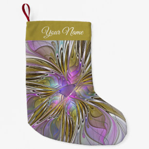 Floral Colourful Abstract Fractal Pink & Gold Name Small Christmas Stocking