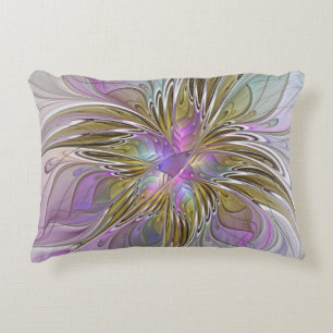 Floral Colourful Abstract Fractal With Pink & Gold Accent Pillow