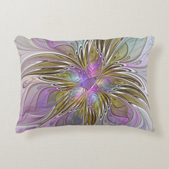 Floral Colourful Abstract Fractal With Pink & Gold Accent Pillow (Front)