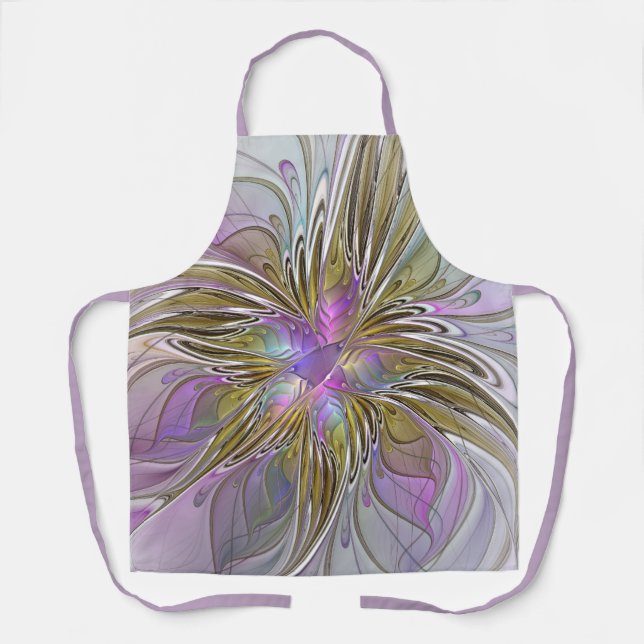 Floral Colourful Abstract Fractal With Pink & Gold Apron (Front)
