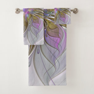 Floral Colourful Abstract Fractal With Pink & Gold Bath Towel Set