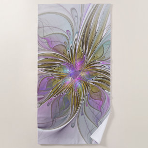 Floral Colourful Abstract Fractal With Pink & Gold Beach Towel