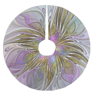 Floral Colourful Abstract Fractal With Pink & Gold Brushed Polyester Tree Skirt
