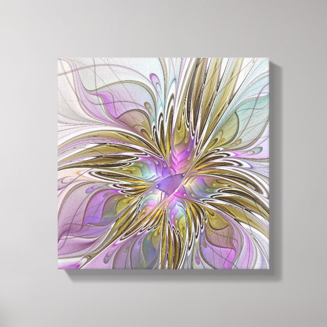 Floral Colourful Abstract Fractal With Pink & Gold Canvas Print (Front)