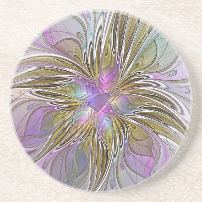 Floral Colourful Abstract Fractal With Pink & Gold Coaster (Front)