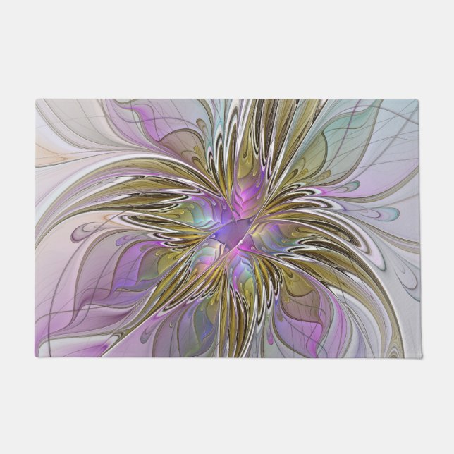 Floral Colourful Abstract Fractal With Pink & Gold Doormat (Front)