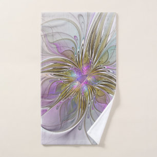 Floral Colourful Abstract Fractal With Pink & Gold Hand Towel