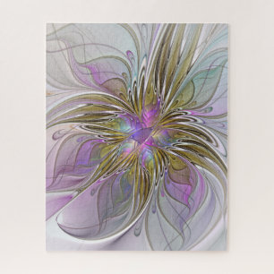 Floral Colourful Abstract Fractal With Pink & Gold Jigsaw Puzzle