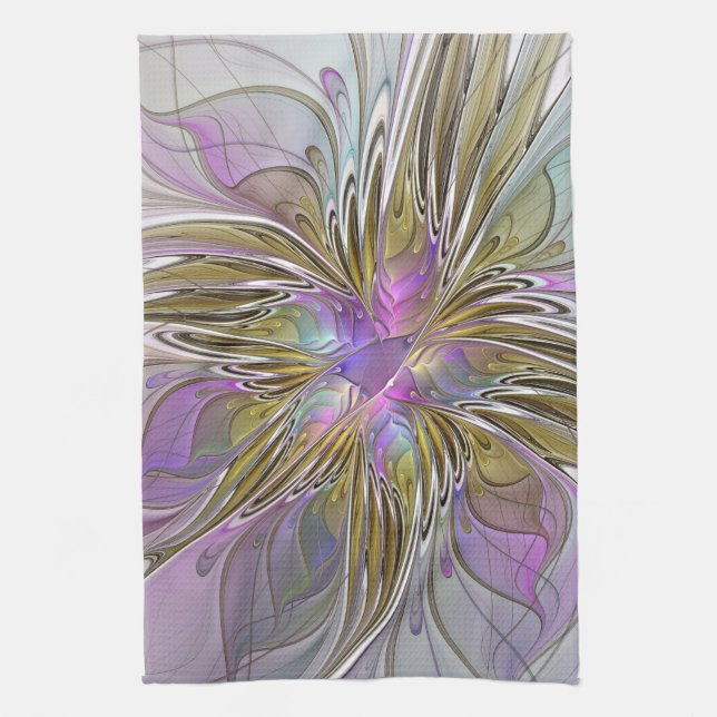 Floral Colourful Abstract Fractal With Pink & Gold Kitchen Towel (Vertical)