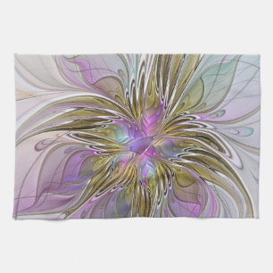 Floral Colourful Abstract Fractal With Pink & Gold Kitchen Towel