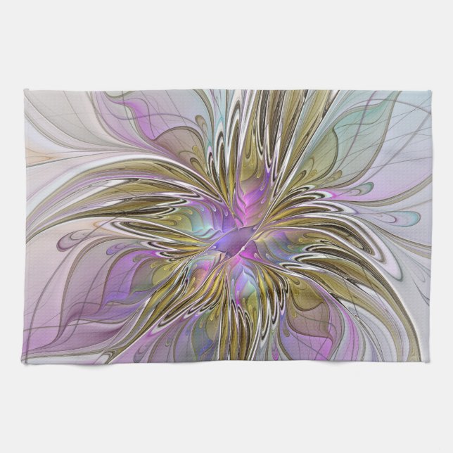 Floral Colourful Abstract Fractal With Pink & Gold Kitchen Towel (Horizontal)