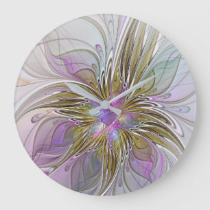 Floral Colourful Abstract Fractal With Pink & Gold Large Clock