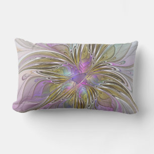 Floral Colourful Abstract Fractal With Pink & Gold Lumbar Pillow