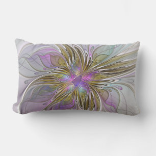 Floral Colourful Abstract Fractal With Pink & Gold Lumbar Pillow