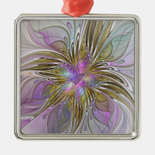 Floral Colourful Abstract Fractal With Pink & Gold Metal Ornament