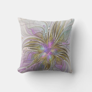 Floral Colourful Abstract Fractal With Pink & Gold Outdoor Pillow